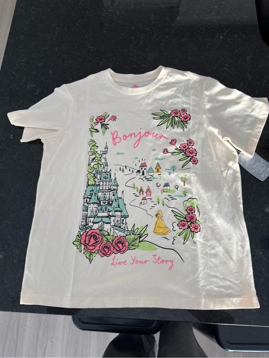 Disney Tops - Disney Parks "Bonjour" Graphic Belle Beauty and the Beast T Shirt Medium Beige